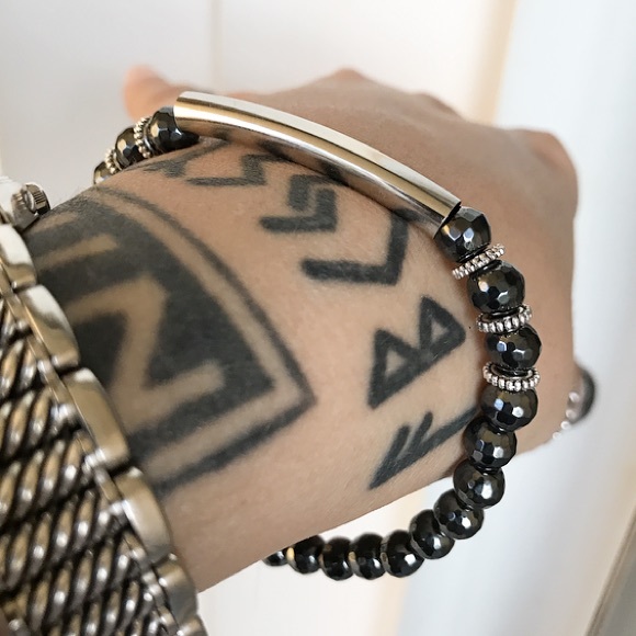 Genuine hematite beads silver bar bracelet - Picture 2 of 9